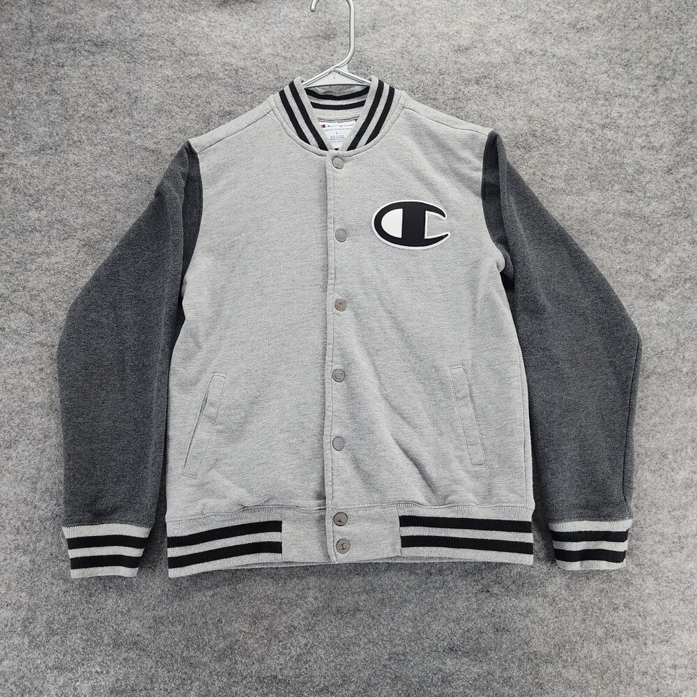Champion Varsity Jacket Womens Juniors Large Snap Up Long Sleeve Gray